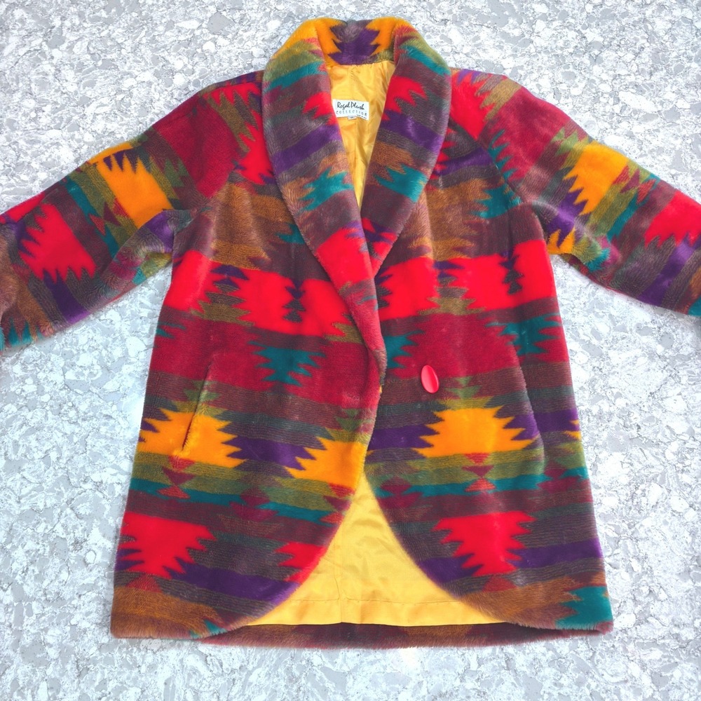 Vintage Regal Plush Collection Faux Fur Southwestern Aztec Print Coat Medium